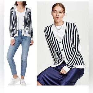 KULE Knit Cardigan Nautical Academia Striped Button Front V-Neck Fall Sweater M
